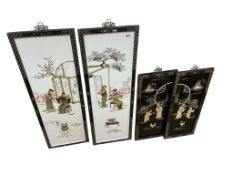 Two pairs of Chinese hard stone and mother of pearl mounted lacquer wall plaques, larger 91cm high.