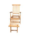 A stained teak garden steamer chair, width 56cm, length 150cm, height 80cm
