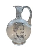 A Victorian Stourbridge glass jug, engraved with a portrait of a gentleman, the reverse inscribed