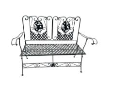 A folding metal garden bench, width 126cm, depth 55cm, height 93cm