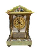 An onyx and Champleve enamel mantel clock with gilt dial, with pendulum, no key, 32cm high
