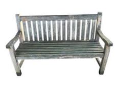 Two weathered teak slatted garden benches, larger width 155cm, depth 58cm, height 94cm