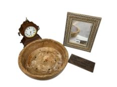 A 19th century sycamore mazer (drilled), diameter 30cm, an Edwardian mahogany mantel timepiece, a