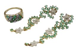 A recent 9ct gold, emerald, tanzanite and diamond cluster ring, size N, together with a pair of 9ct,
