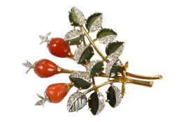 A mid 20th century unmarked yellow metal, coral, diamond and nephrite cluster foliate spray