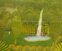 J.C. Chrispin (Haitian), flamingos by a waterfall in a tropical landscape, oil on board, signed
