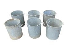 Six vintage galvanized circular two handled grain buckets, diameter 33cm, height 42cm