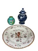 A Samson armorial charger, a Chinese blue and white prunus vase and cover, and a Chinese enamelled