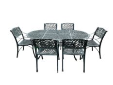 A painted aluminium garden table, length 180cm, width 108cm, height 70cm and six matching elbow