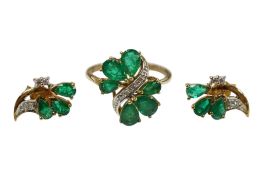 A recent 9ct gold, emerald and diamond set cluster ring, of foliate design, size N/O, and a pair