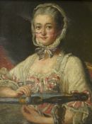 Late 18th / early 19th century school, portrait of a lady at a loom, oil on canvas, 29 x 22cm