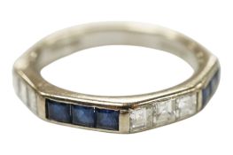A 1970's 18ct white gold, six stone sapphire and six stone diamond set half eternity ring, size M/N,