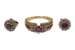A recent pair of 9ct gold, ruby and diamond cluster ear studs and a similar ruby and diamond set
