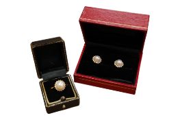 A 14k, cultured pearl and diamond set cluster ring, size O, together with a pair of similar ear