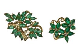 Two recent 9ct gold, emerald and diamond set cluster dress rings, both of foliate design, both