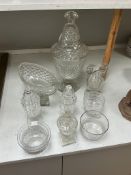 A Regency style cut glass sweetmeat urn and cover along with further glass comprising a pair of