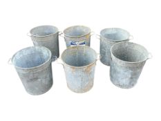 Six vintage galvanized circular two handled grain buckets, diameter 38cm, height 42cm