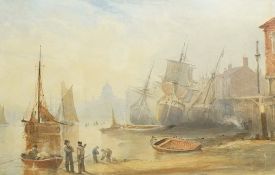 19th Century school, ‘The Thames at Billingsgate’, inscribed verso, watercolour, 16 x 24cm