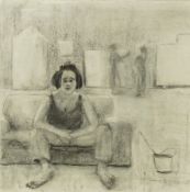 Henrietta Dubray (b.1966), seated woman in an interior, charcoal, 56 x 56cm
