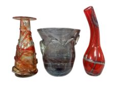 Three Mdina glass vases, two signed, comprising a trailed orange vase, an unsigned smoke-grey vase