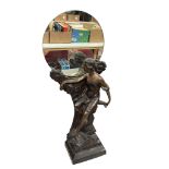 An Art Nouveau style bronze figural mirror with detachable circular plate, height 59cm.