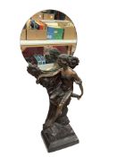 An Art Nouveau style bronze figural mirror with detachable circular plate, height 59cm.