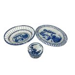 A Leeds ware blue and white pierced chestnut basket and stand, together with a Caughley butter dish.