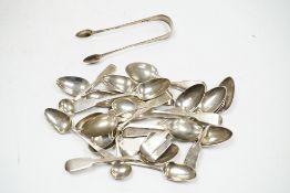 A collection of mainly 19th century silver teaspoons, various dates, makers and patterns including a