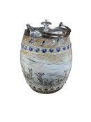A Hannah Barlow for Royal Doulton biscuit barrel with silver plated mounts, stamped and incised to