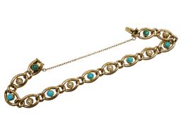 An Edwardian 15ct, turquoise and split pearl set oval link bracelet, approx. 18cm, gross weight 17.2