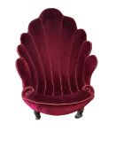 A Victorian shell shaped upholstered chair, width 64cm, depth 45cm, height 86cm