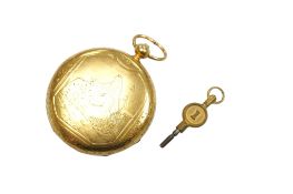A Swiss unmarked yellow metal hunter key wind pocket watch, retailed by Lucien Dubois, with Roman