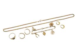 A collection of 9ct jewellery to include a charm bracelet, two pairs of earrings, a ring and three