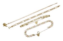 Four assorted late 20th century 9ct gold bracelets, including three colour and curb link, 18cm, et