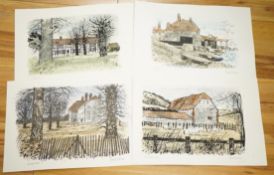 Robert Tavener (1920-2004), four small handcoloured lithographs, Jetty, Winter Farm, Flint Barn