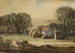Rowland Hilder (1905-1993), farmyard landscape, signed in ink, watercolour, 21 x 29cm