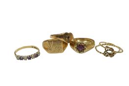 A collection of five assorted 9ct rings, including two signet rings and one heart shaped with