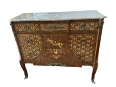 A 20th century French transitional style marble topped kingwood and marquetry commode, width
