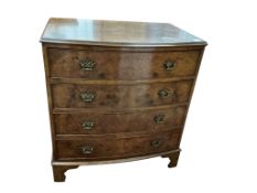 A Queen Anne Revival burr walnut bowfront chest of drawers, width 79cm, depth 51cm, height 85cm