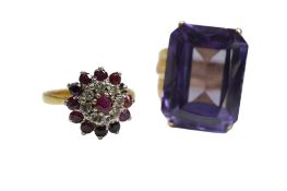 An 18ct, ruby and diamond set flower head cluster ring(ruby missing), size P/Q, together with a