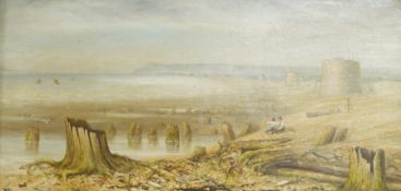 Windus, ‘Submerged Forest, Pevensey Bay’, signed 1883, ink inscription and stencil verso, oil on