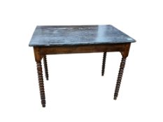 A late 19th century French marble topped table on bobbin legs, width 89cm, depth 60cm, height 73cm
