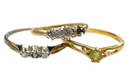 Three small 18ct, plat. and gem set rings, including two three stone diamond chip(each with a