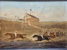 19th century naive school Horse Racing Scene - Believe Epson Grand Standoil on board,9.5cm x 13cm