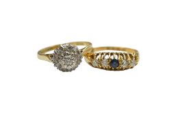 A George V 18ct gold, single stone sapphire and four stone diamond set half hoop ring, shank cut,