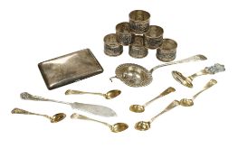 A Scandinavian 835 standard white metal cigarette case, 10cm, together with six 925 napkin rings,