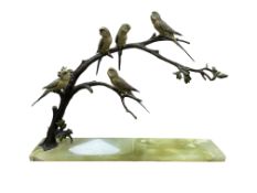 An Austrian cold painted bronze of five budgerigars perched on a branch, onyx plinth base, 48cm
