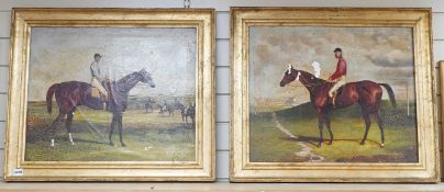 A pair of 19th century style paintings of jockey's on horseback, oil on canvas, 20th century and