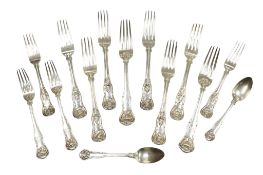 A set of six Victorian silver single struck Kings pattern table forks by Mary Chawner, London, 1838,