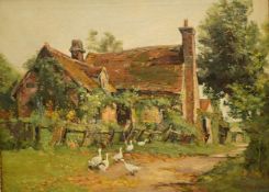Sidney Grant Rowe (1861-1928), geese before a cottage, signed, oil on canvas, 28 x 38cm